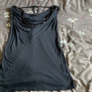 Black cowl neck tank with attached beaded necklace